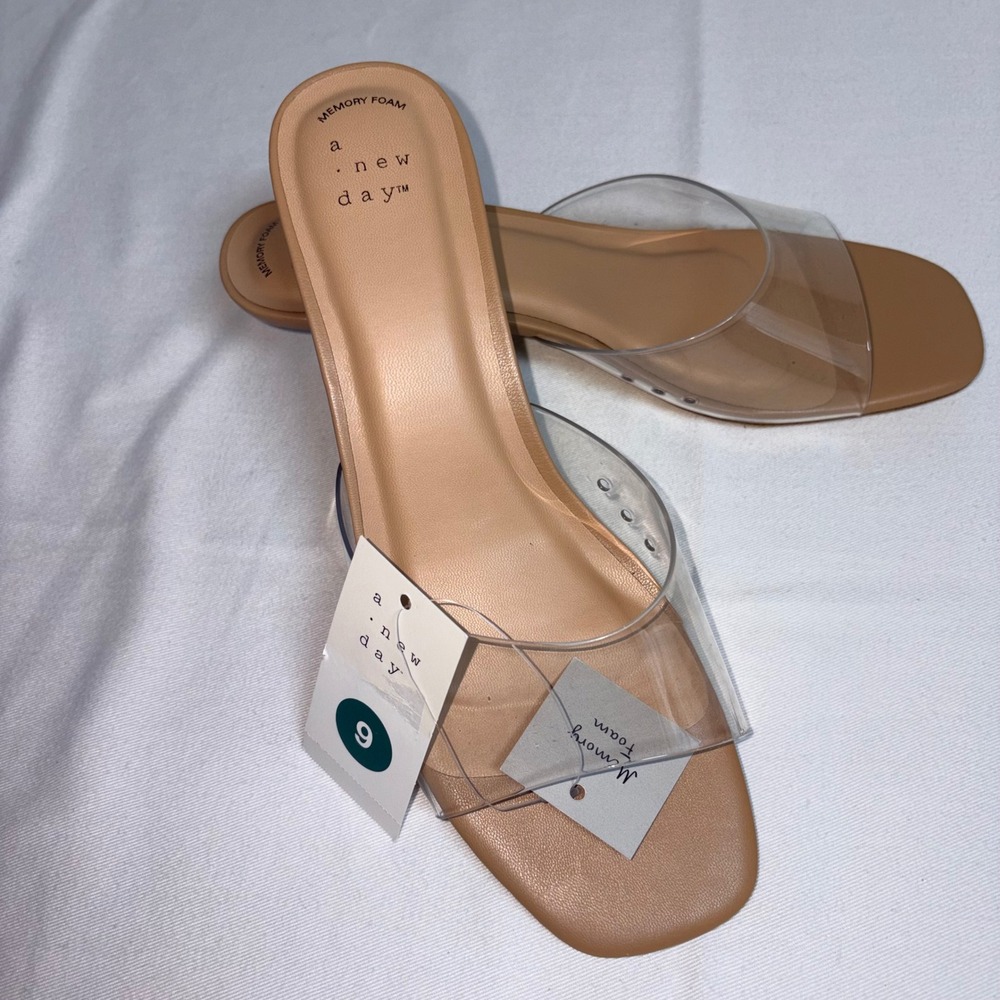 A New Day Lois Kitten Heel Mules 9 Nude Clear NWT Square Toe Transparent Sandals